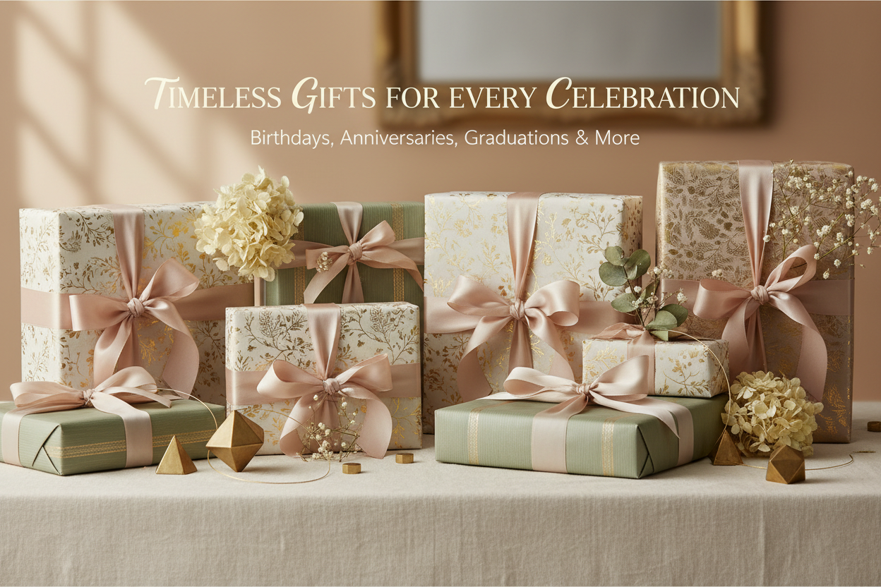 Beautifully wrapped gift boxes with elegant ribbons and botanical accents in soft neutral tones - Thoughtful Gifts & More collection
