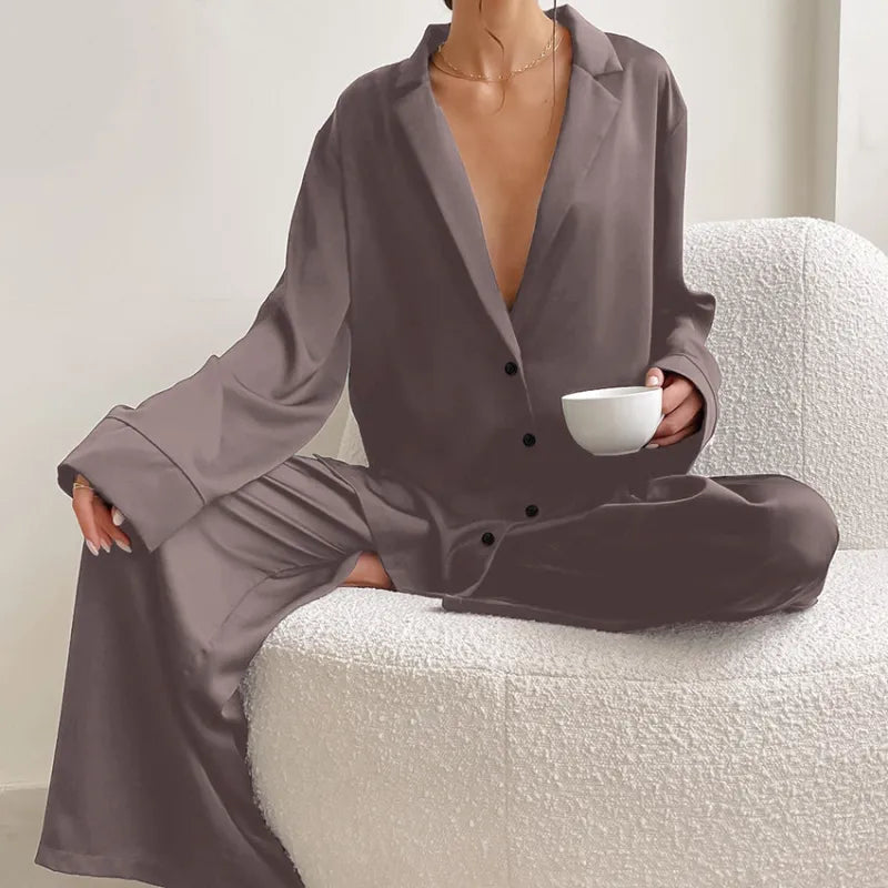 Women's Home Silk Pure Color Pajamas - # WOAA21710002-PRG