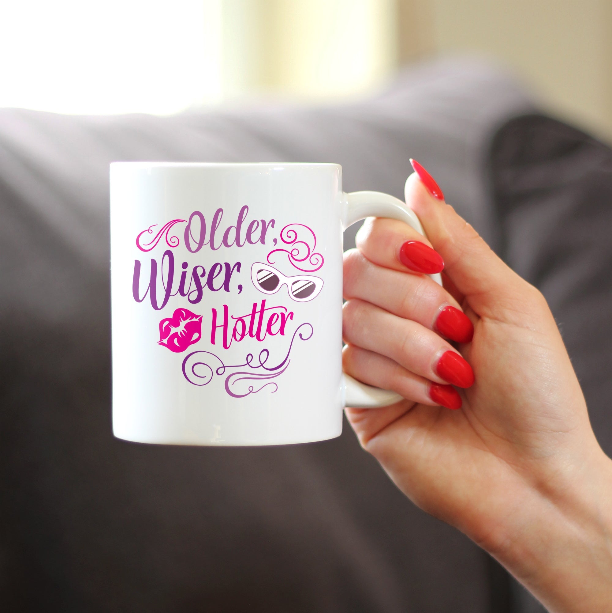 Older Wiser Hotter Coffee Mug Funny Birthday Gifts for Women White Ceramic Coffee Cup