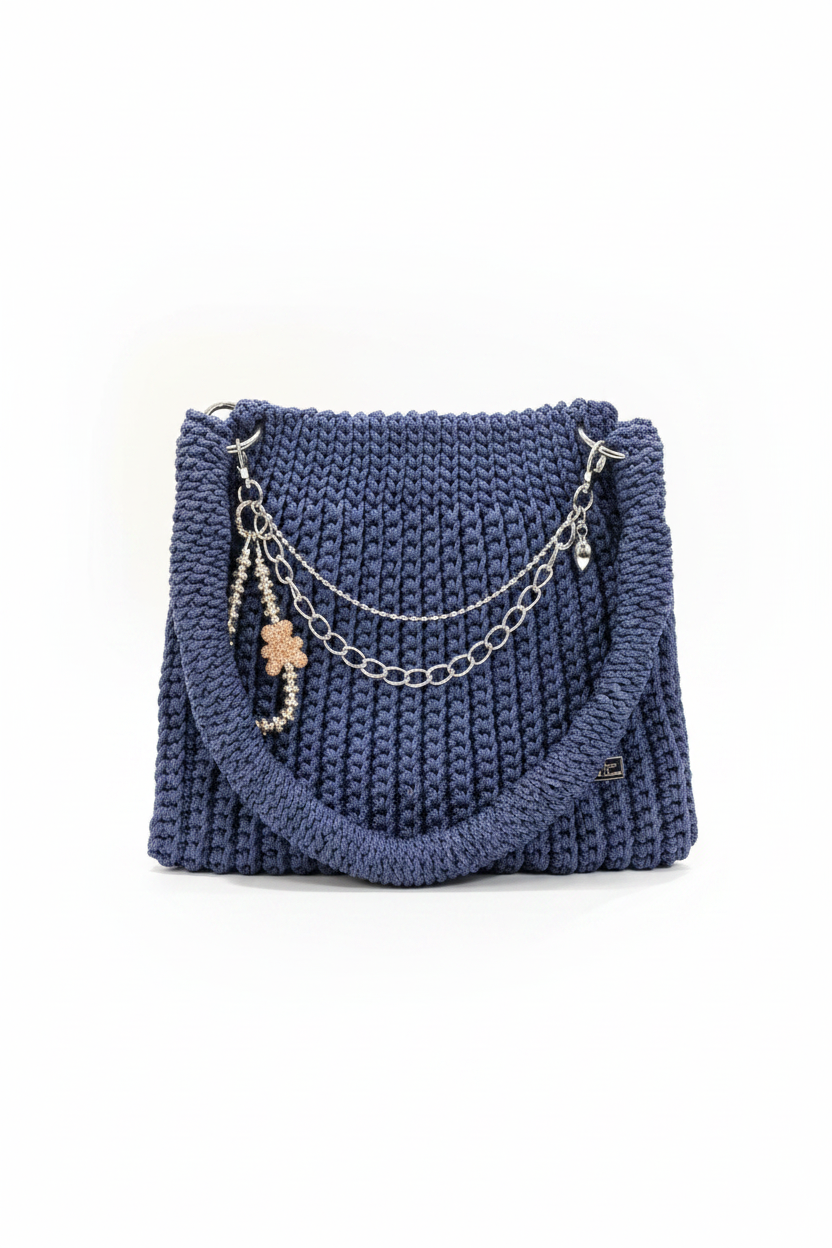 Blue Crochet Tote Bag - White Background