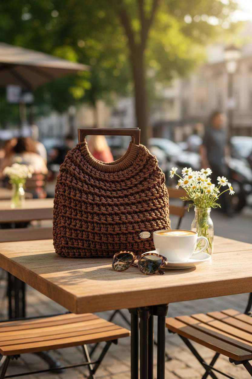 Brown Crochet Bag Outdoor Cafe Lifestyle
