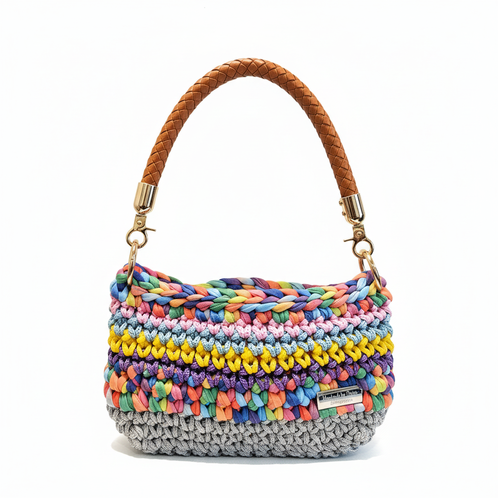 Colorful Crochet Handbag on White Background