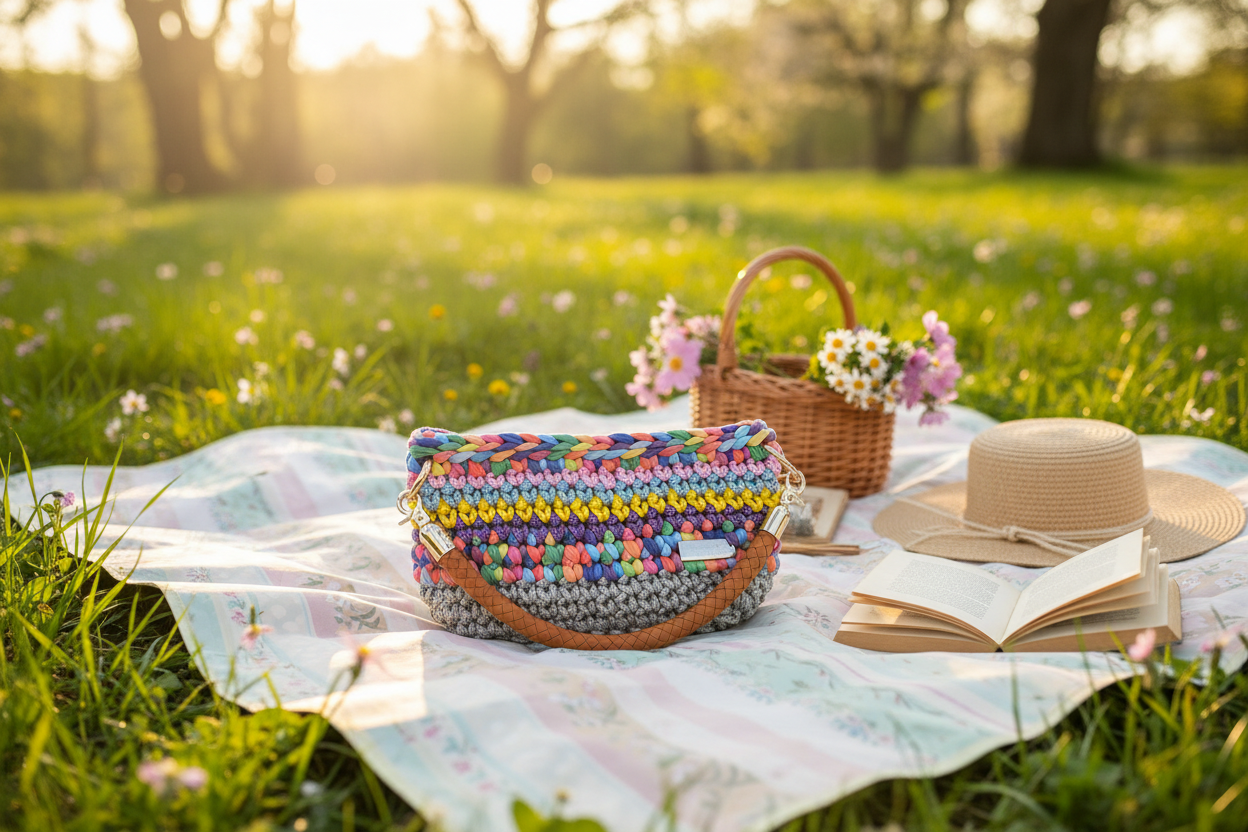 Colorful Crochet Handbag Spring Picnic Lifestyle