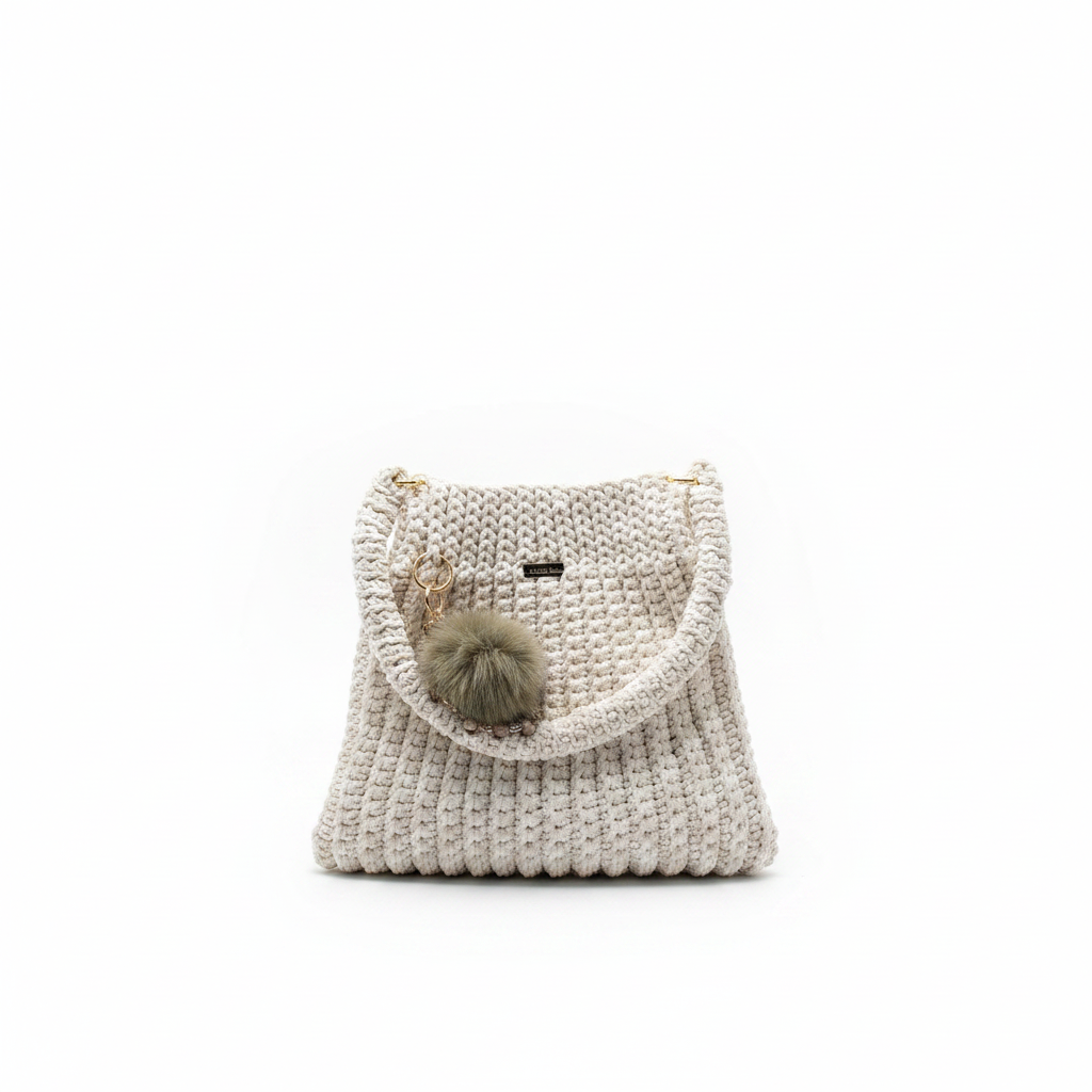 Cream Crochet Shoulder Bag - White Background