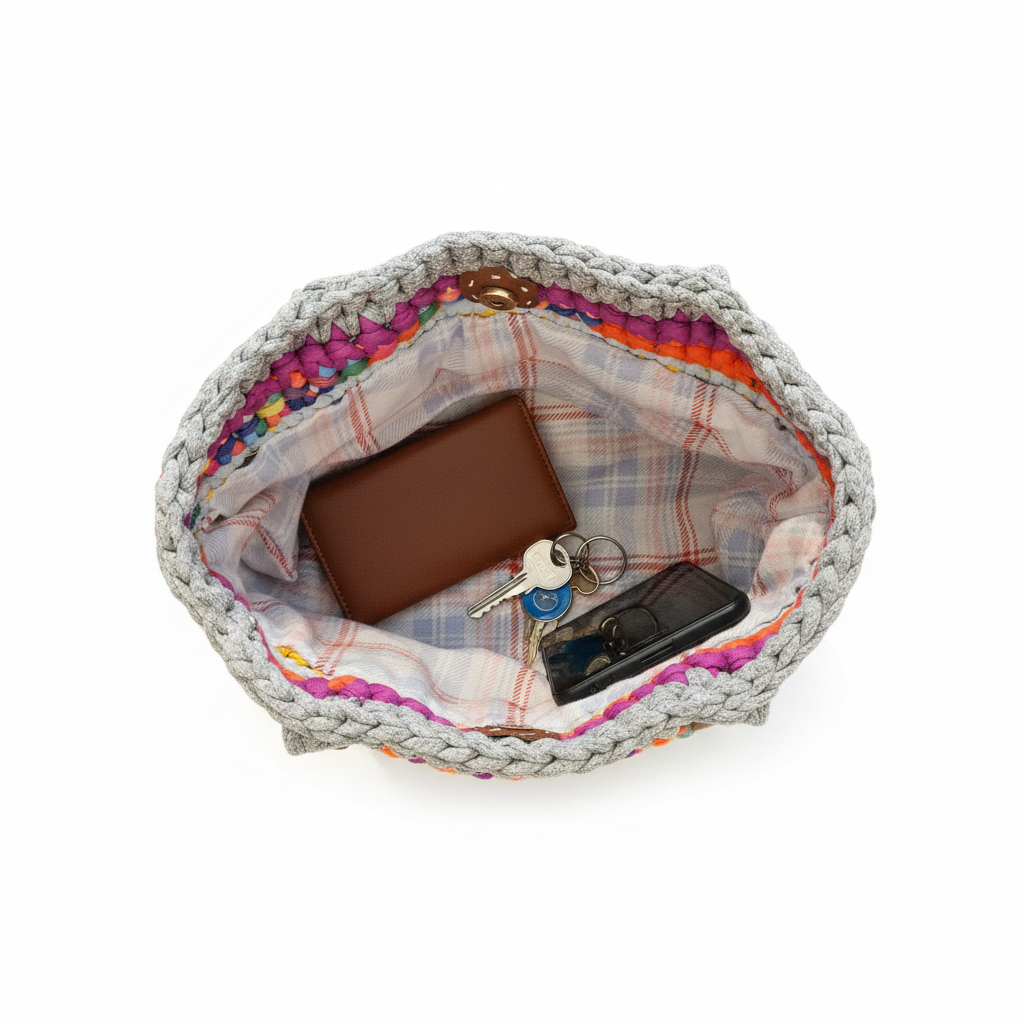 Crochet Handbag Interior with Wallet Keys and Phone