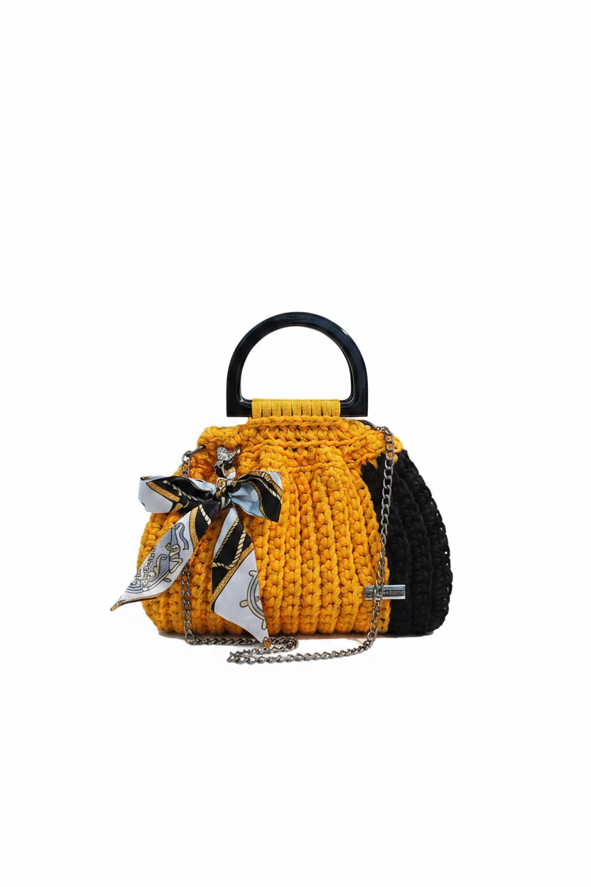 Golden Yellow Crochet Purse – White Background