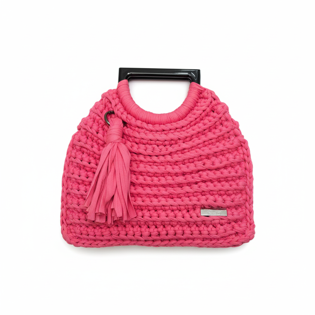 Hot Pink Crochet Handbag on White Background