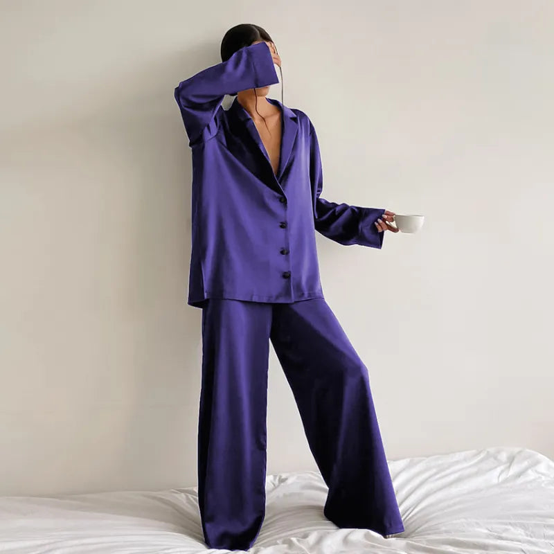 Women's Home Silk Pure Color Pajamas - # WOAA21710002-PRG