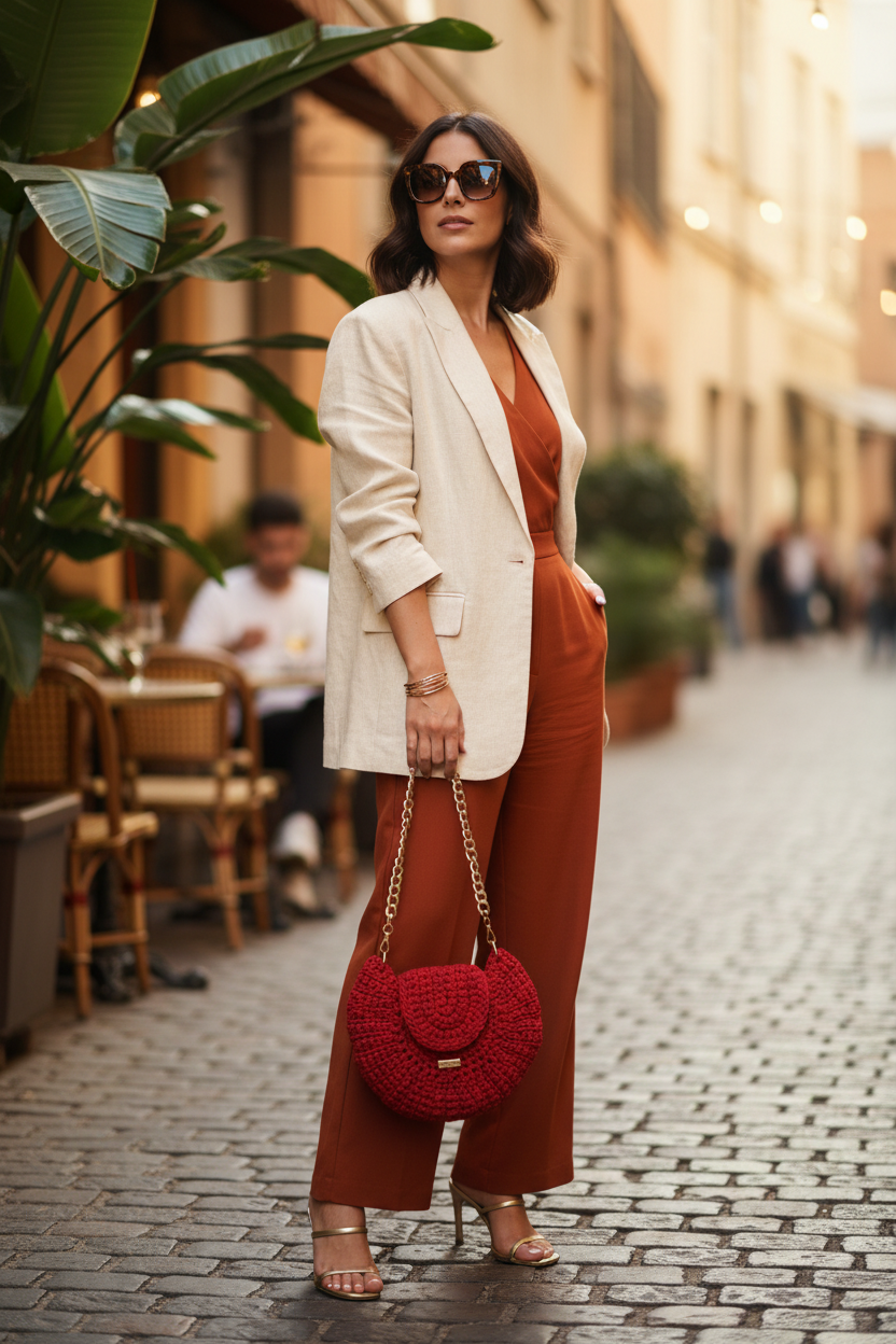 Lifestyle Model Carrying Red Crochet Purse by Chain