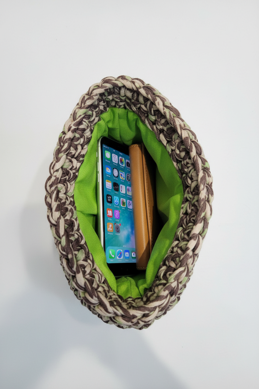 Narrow Crochet Handbag Interior with Phone and Wallet
