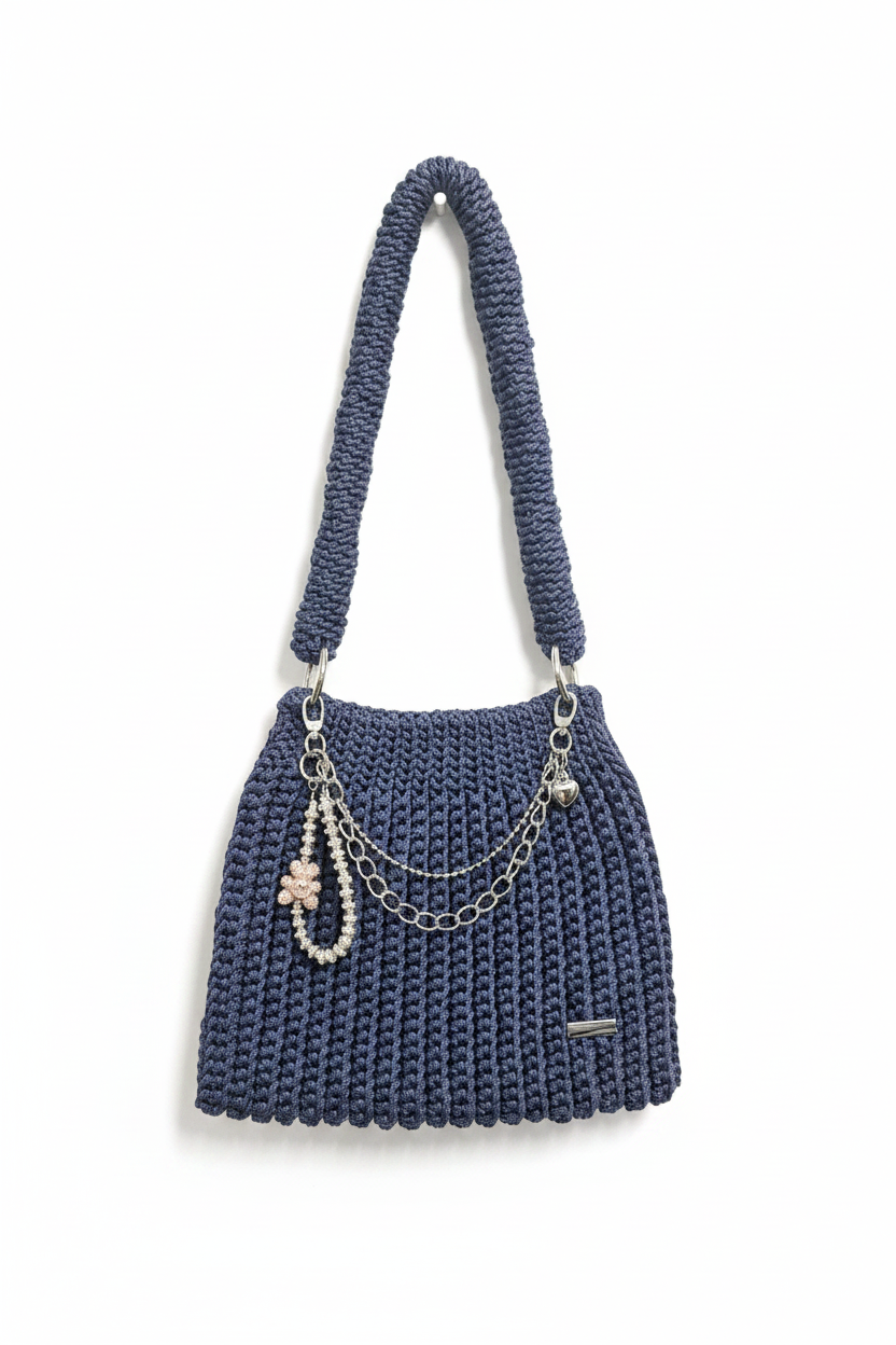 Navy Blue Crochet Bag with Chain Detail - White Background