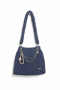 Navy Blue Crochet Bag with Chain Detail - White Background