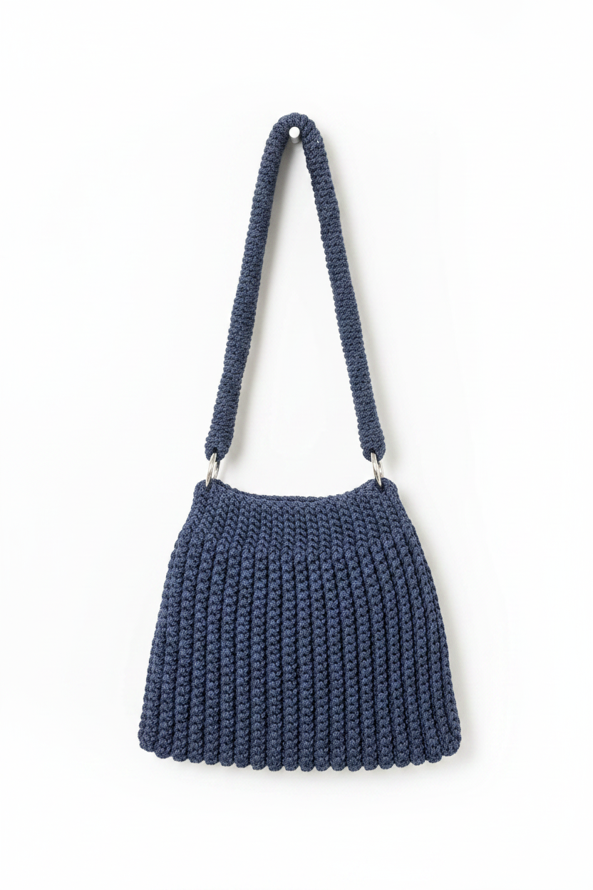 Navy Blue Crochet Shoulder Bag Back - White Background