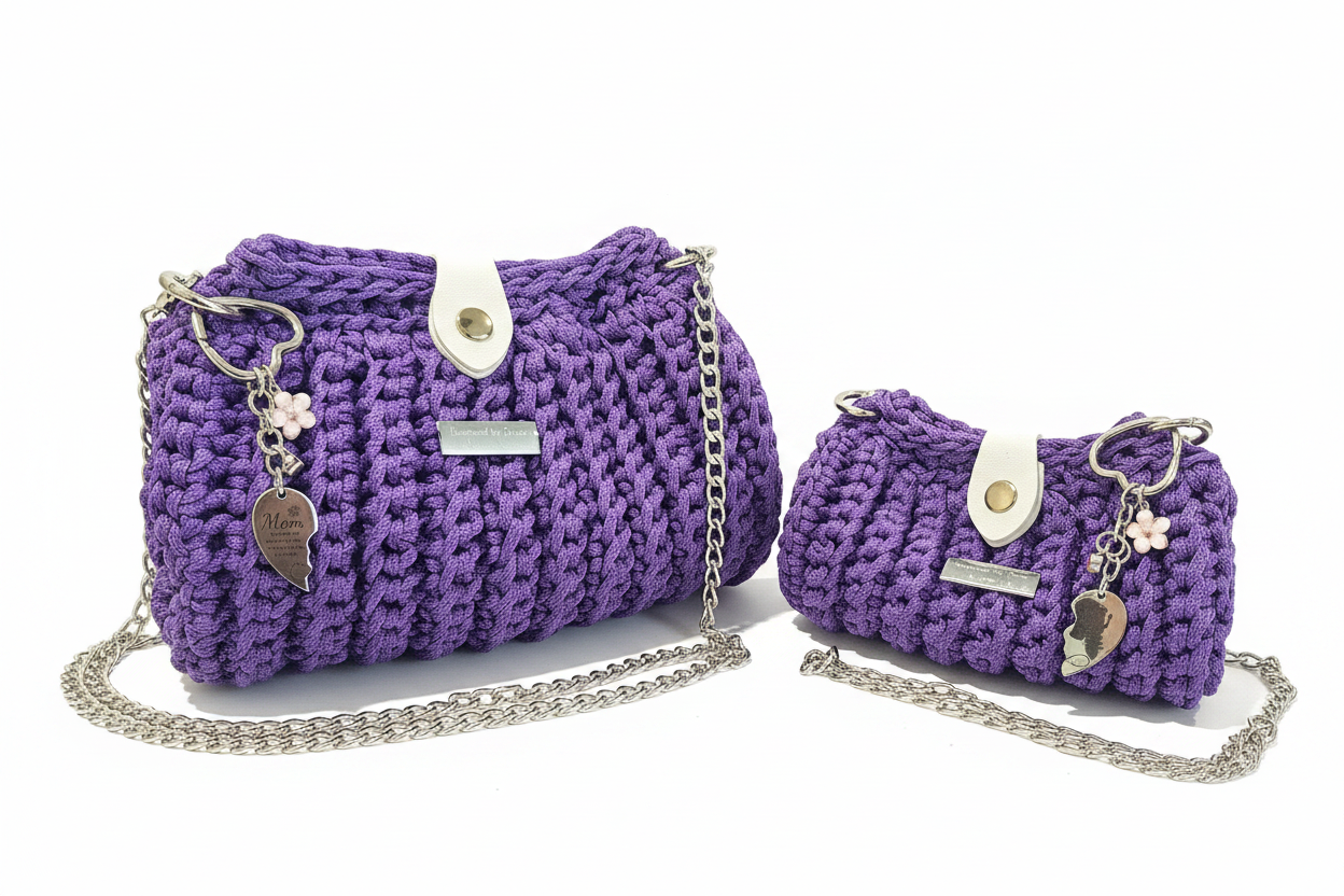 Purple Crochet Bag Set - White Background
