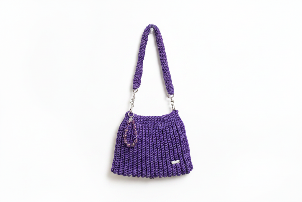 Purple Crochet Shoulder Bag - White Background