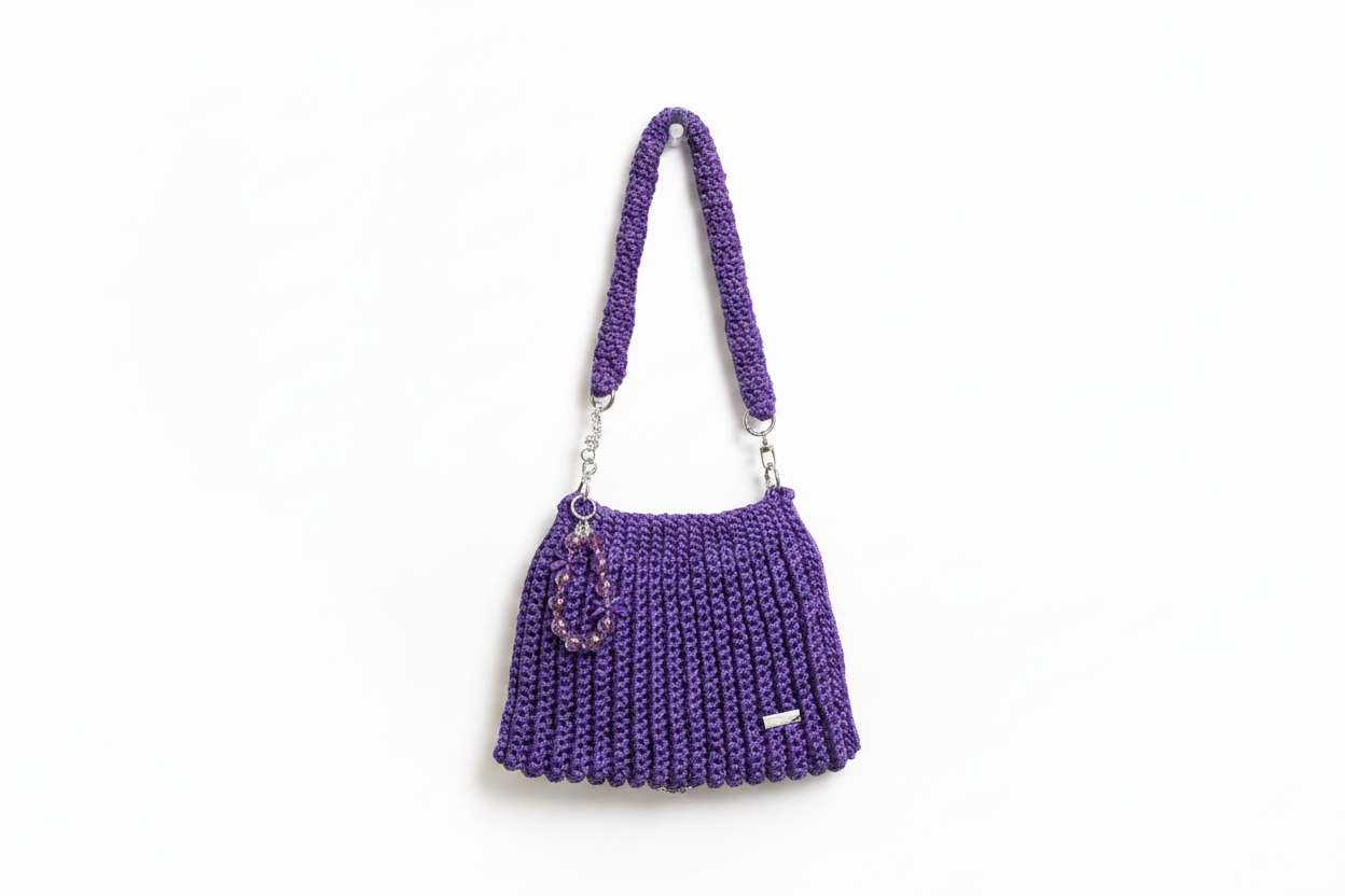 Purple Crochet Shoulder Bag - White Background
