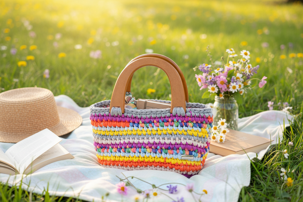 Rainbow Crochet Handbag Spring Picnic Lifestyle