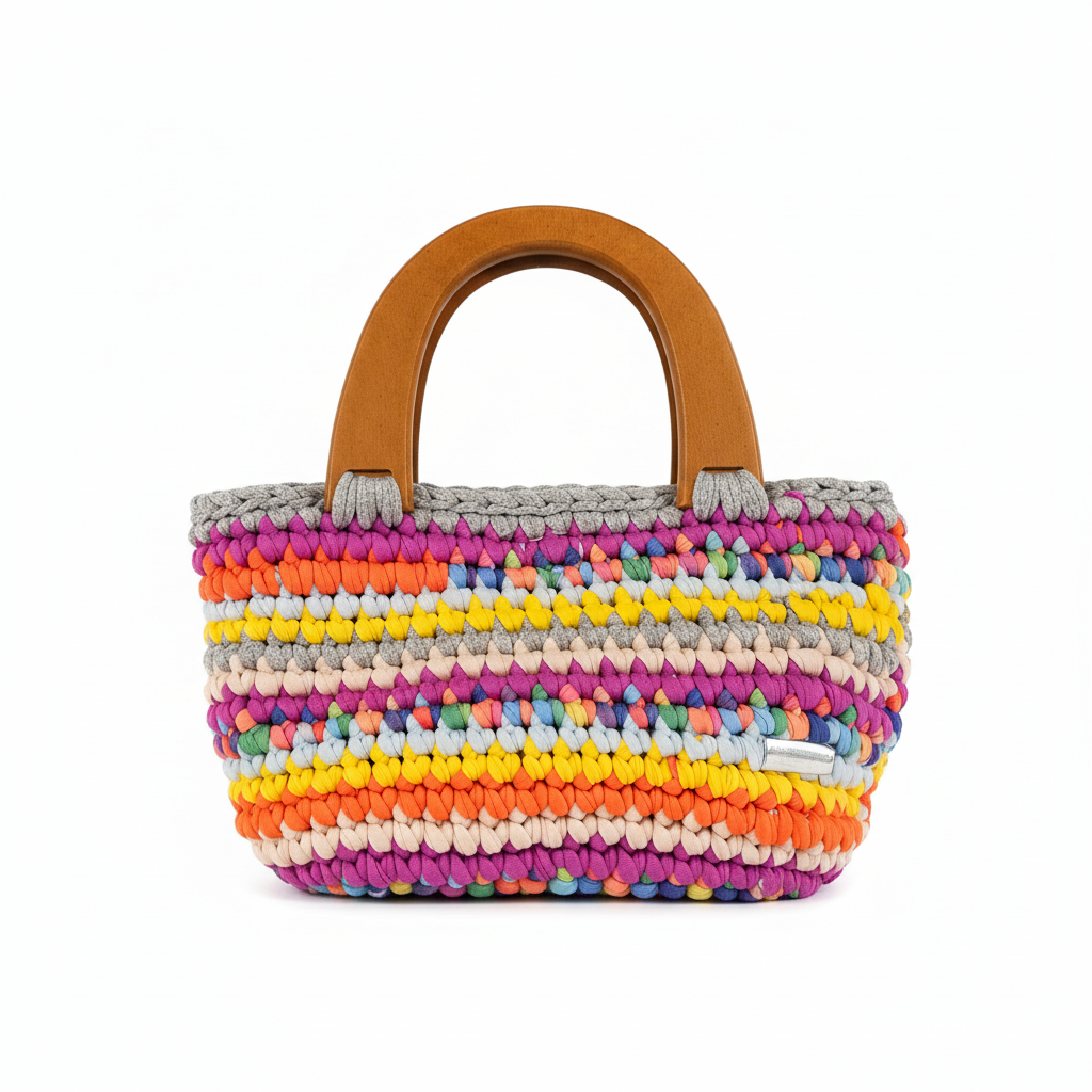 Rainbow Crochet Handbag with Wooden Handles on White Background