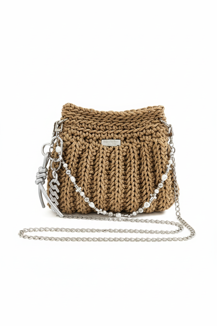 Tan Braided Crochet Bag on White Background