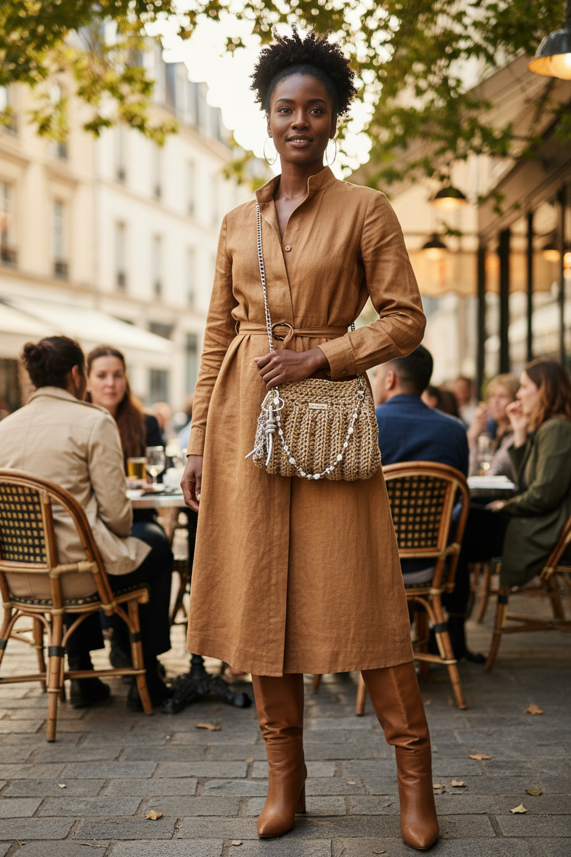 Tan Crochet Bag Lifestyle Shot with Model of Color