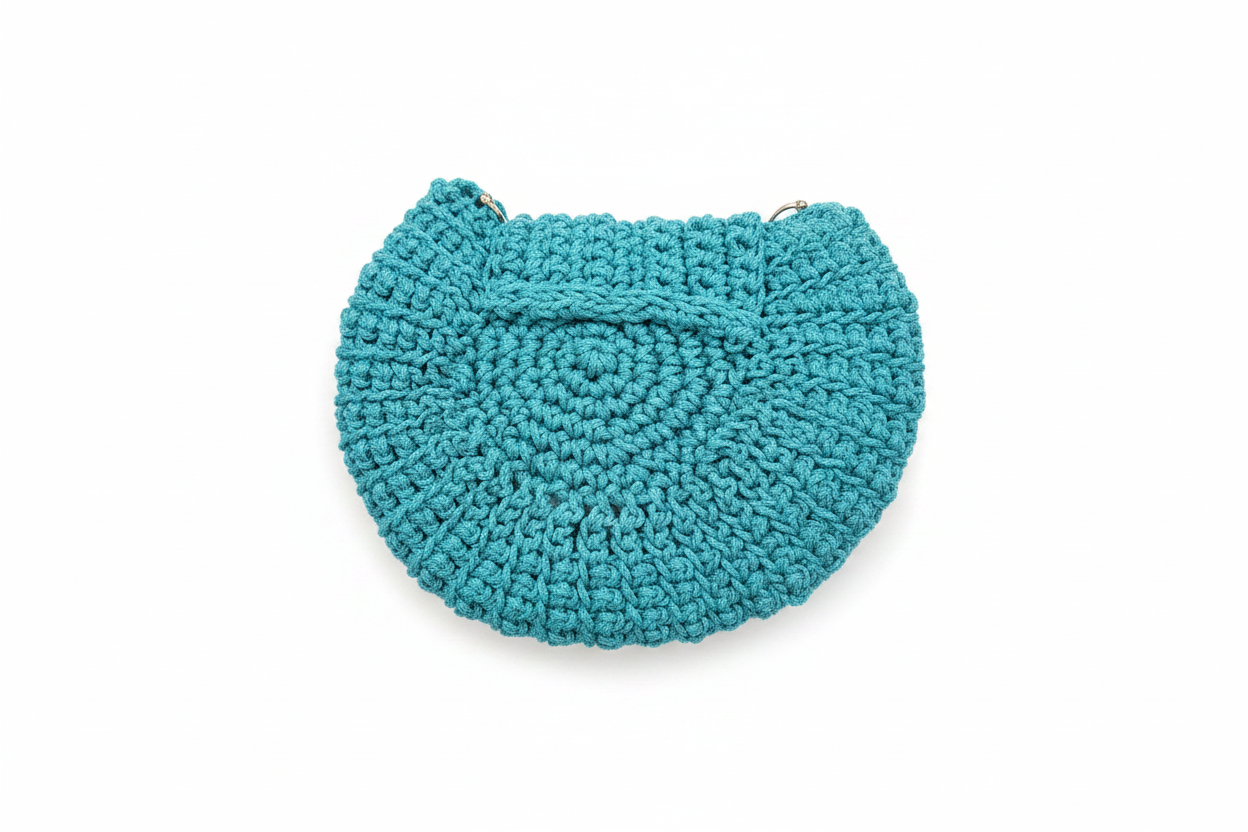 Teal Crochet Purse Flat Lay on White Background