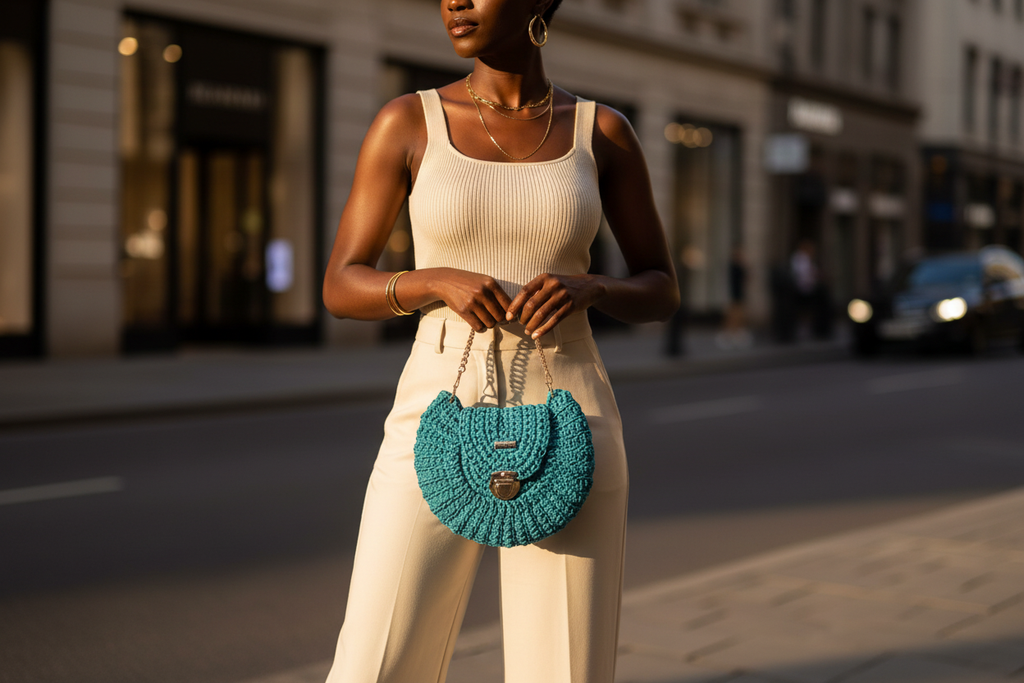 Teal Crochet Purse Hand Carry Lifestyle