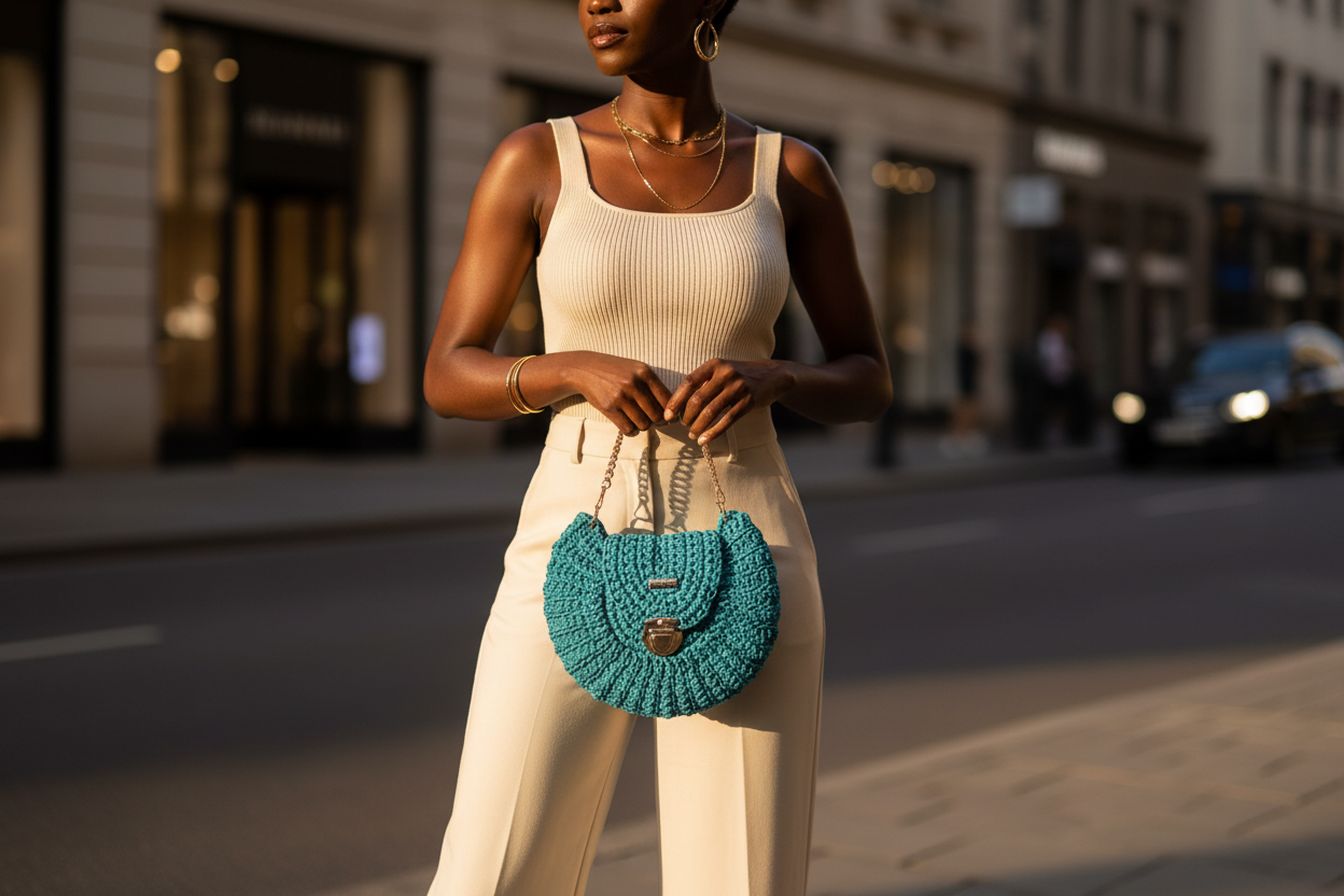 Teal Crochet Purse Hand Carry Lifestyle