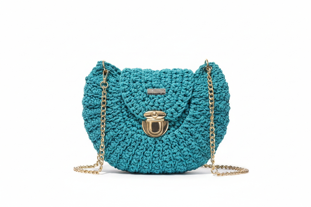 Teal Crochet Purse on White Background