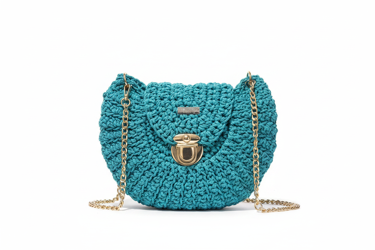 Teal Crochet Purse on White Background