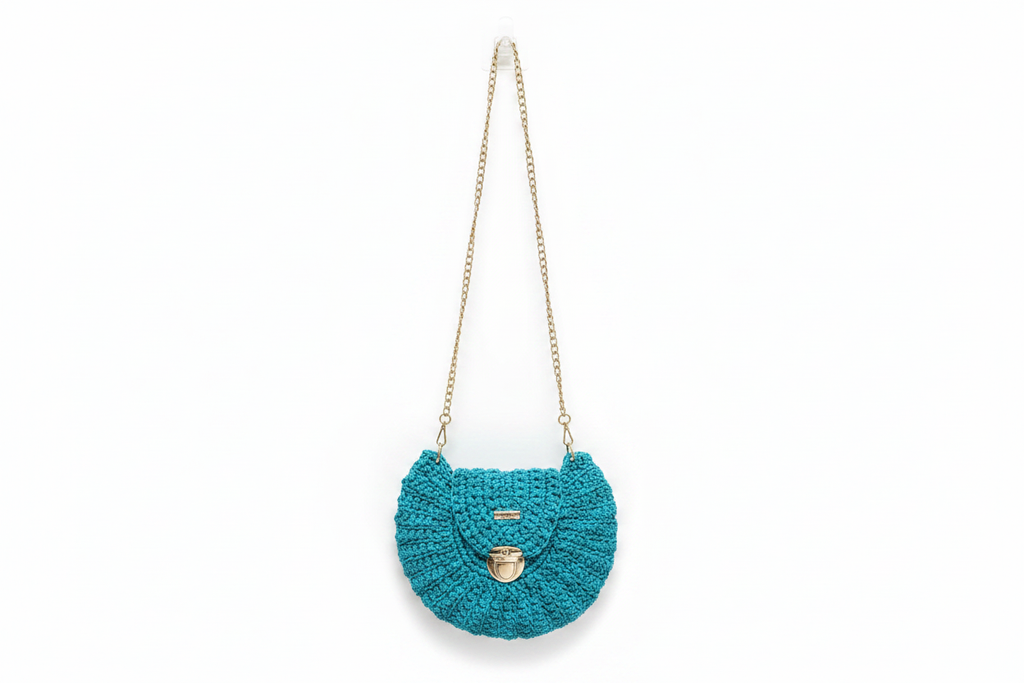Teal Crochet Purse on White Background