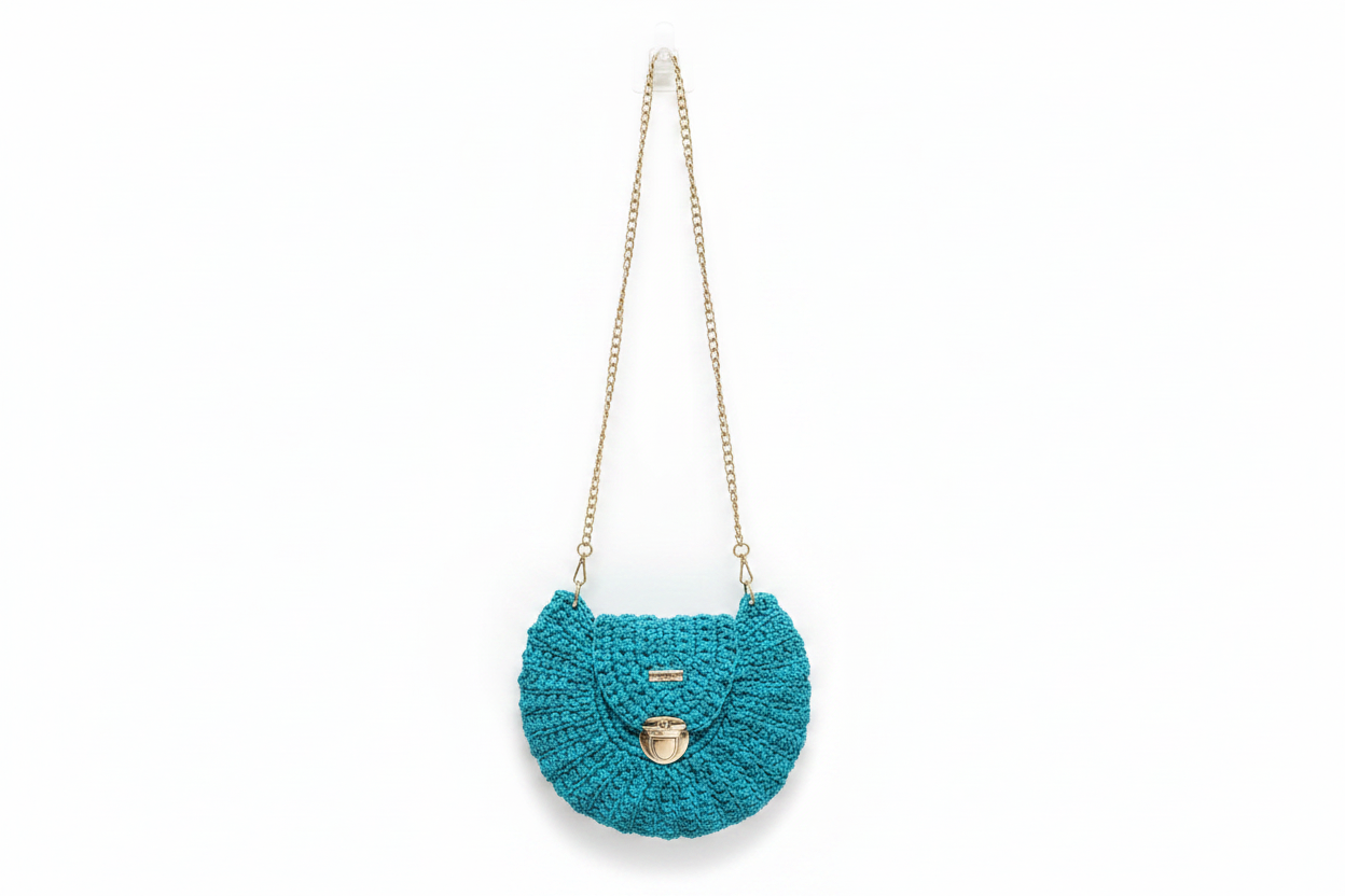 Teal Crochet Purse on White Background