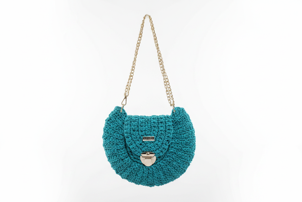 Teal Crochet Purse on White Background