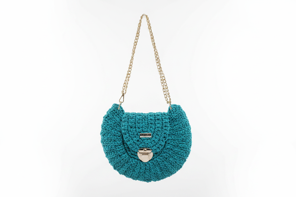 Teal Crochet Purse on White Background