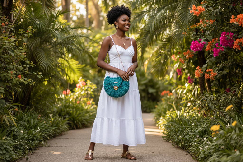 Teal Crochet Shoulder Bag Lifestyle Model