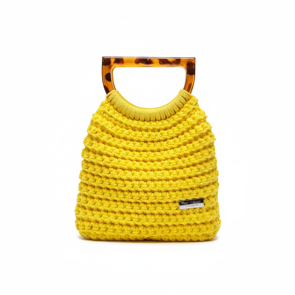 Yellow Crochet Handbag on White Background